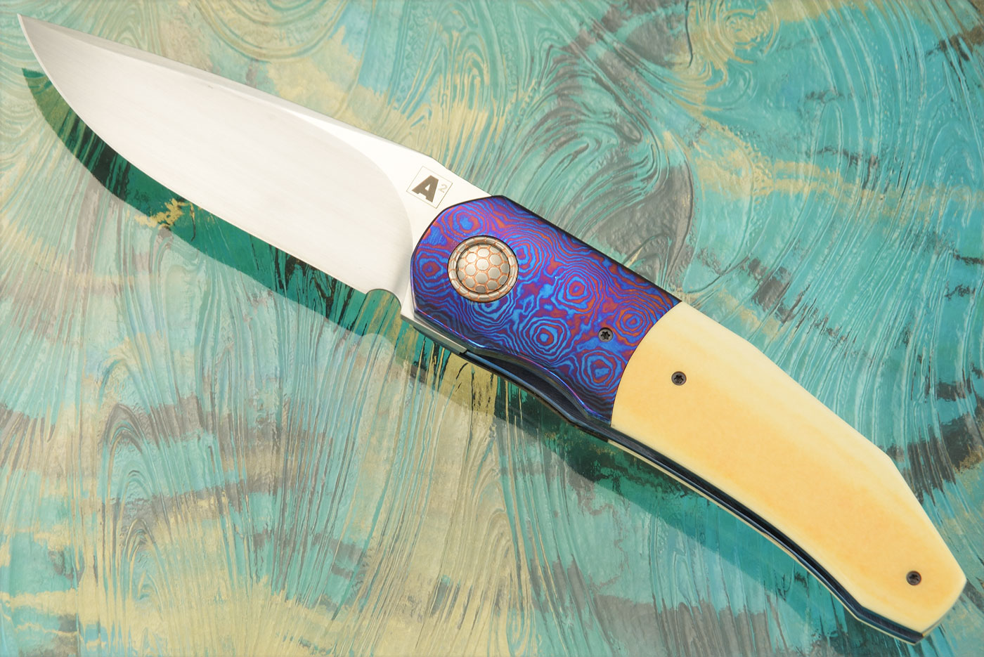 A9 Dress Front Flipper with Antique Westinghouse Micarta, Timascus, and Super Conductor - SG2 Stainless (Multirow Ceramic IKBS)