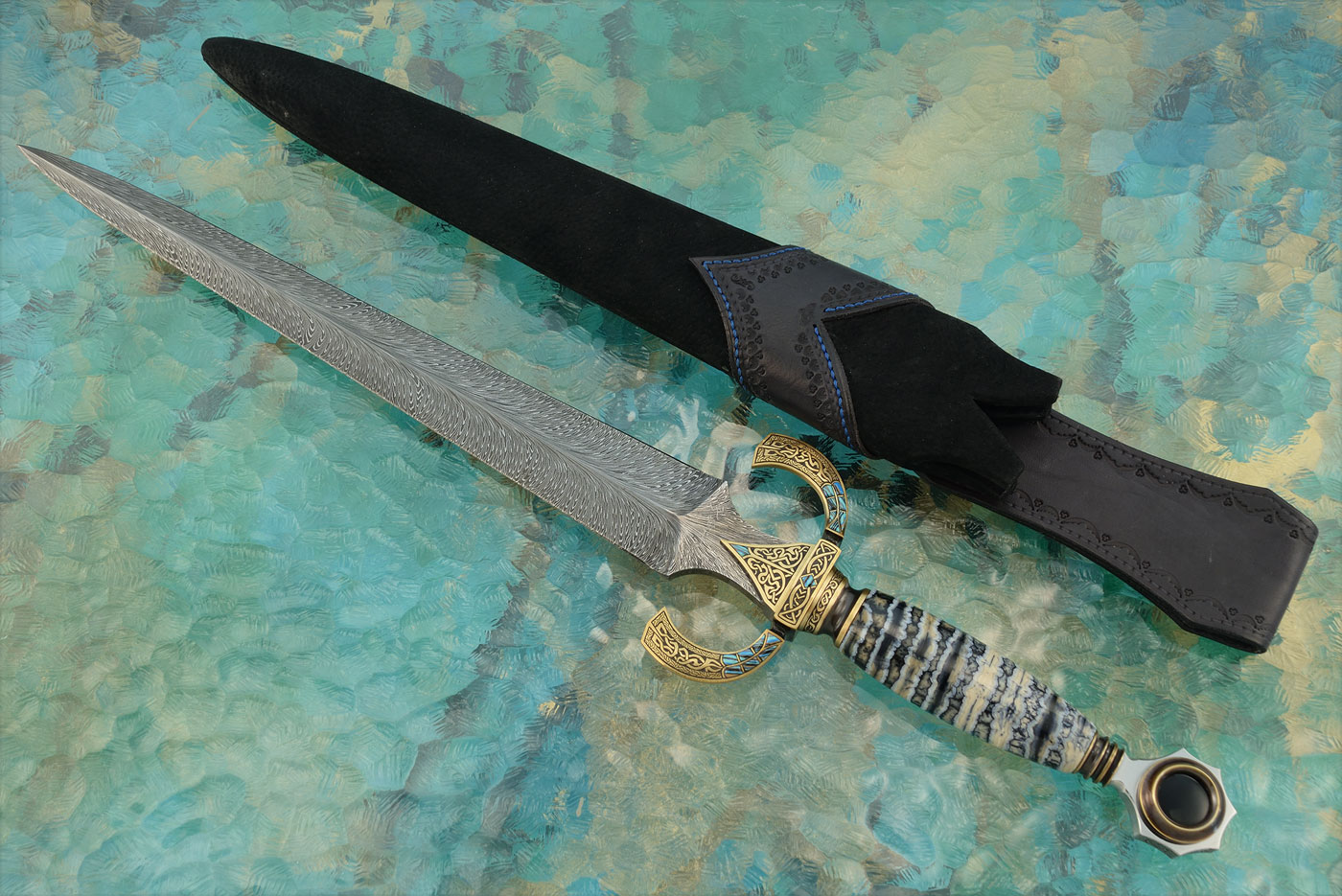 Engraved Feather Damascus Dagger with Mammoth Molar and Turquoise