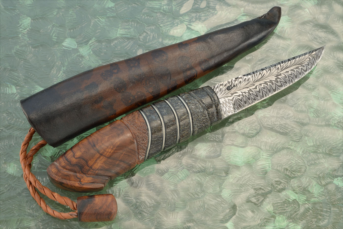 Feather Damascus Swedish Hunter with Ironwood and Steller's Sea Cow Bone