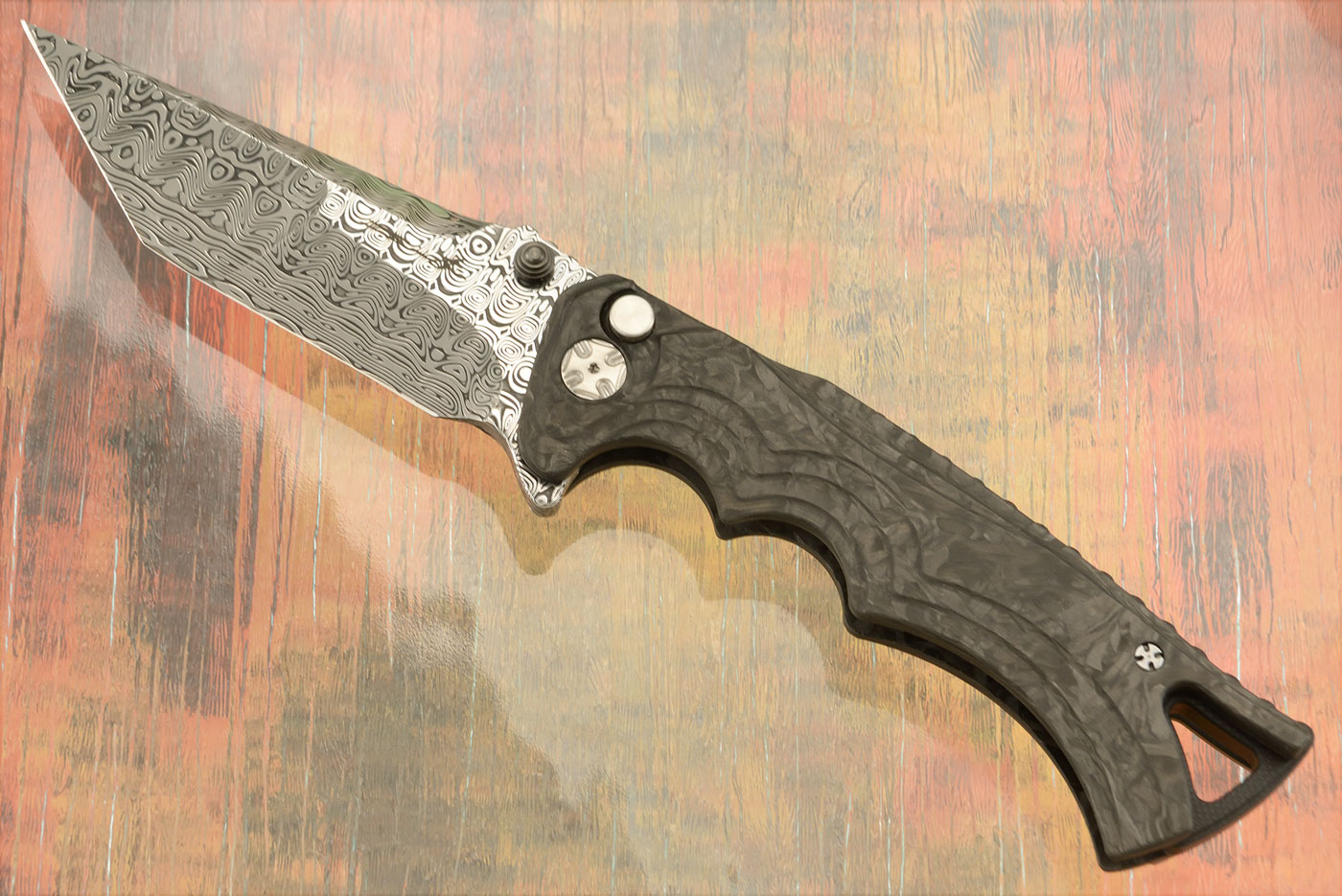 Tighe Fighter Tanto Button Lock Flipper with Marble Carbon Fiber - Damasteel