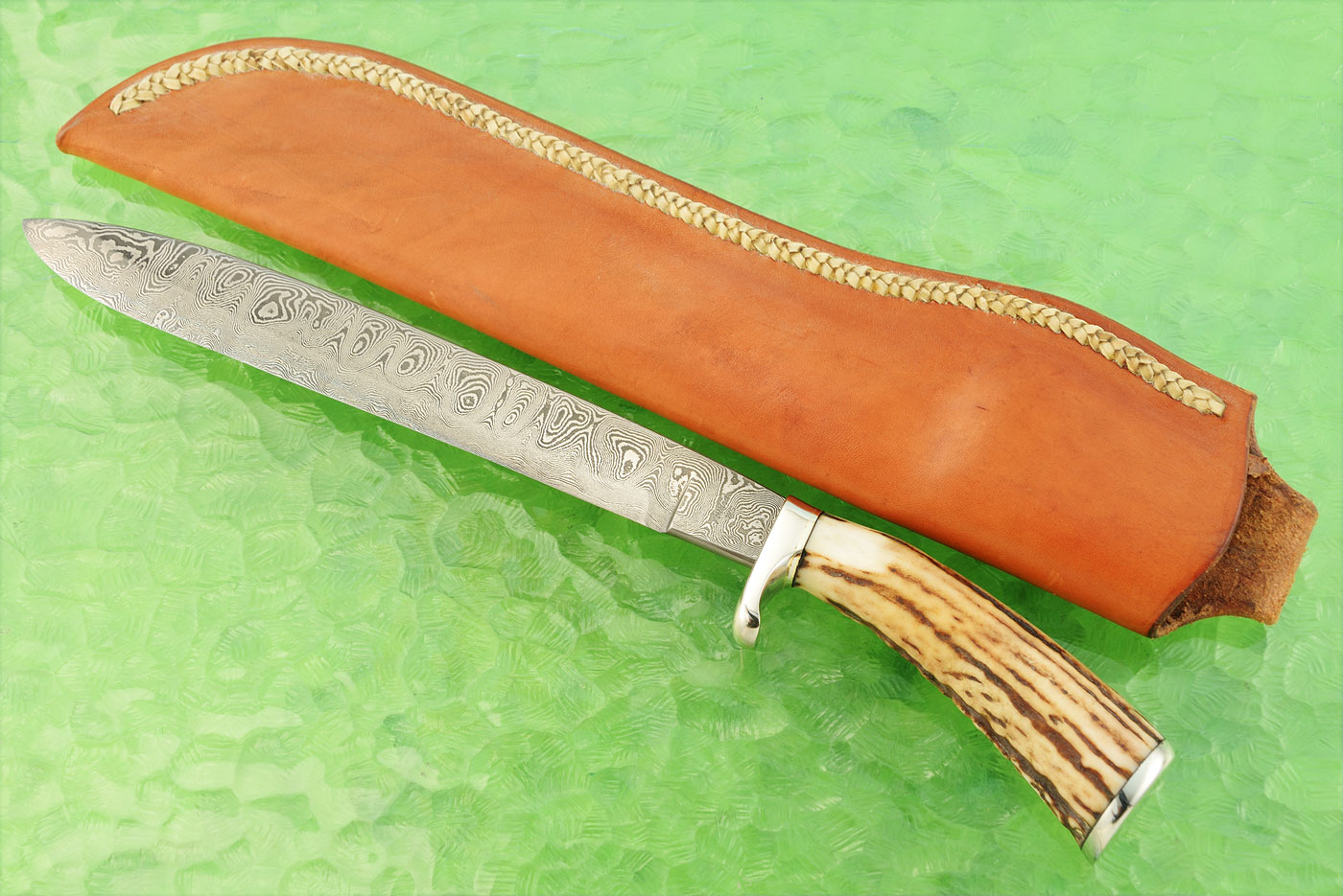 Damascus Camp Knife with Stag