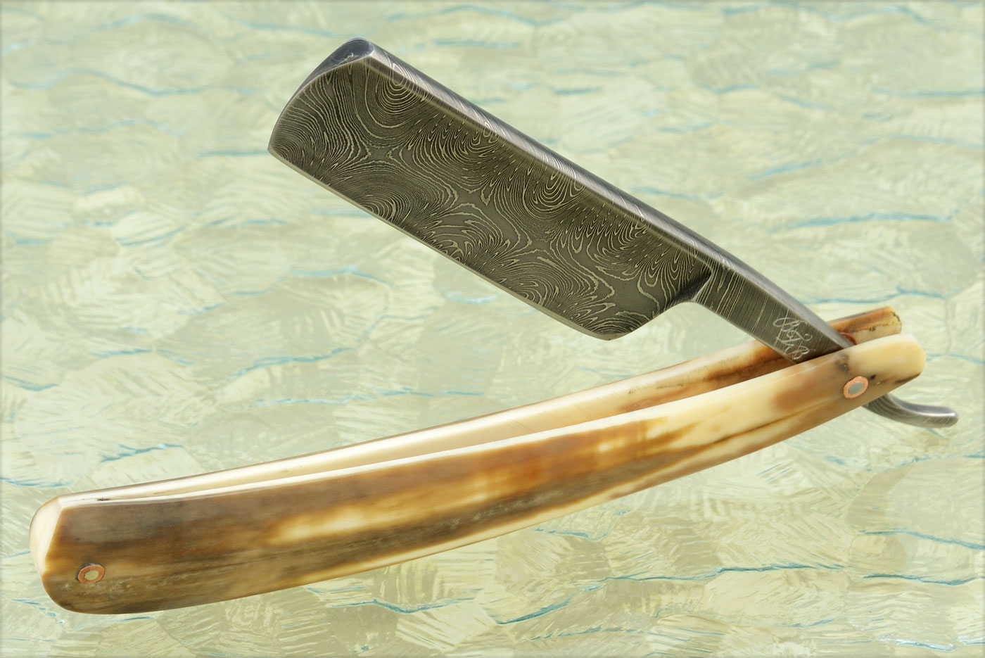 Damascus Straight Razor with Ancient Walrus Ivory