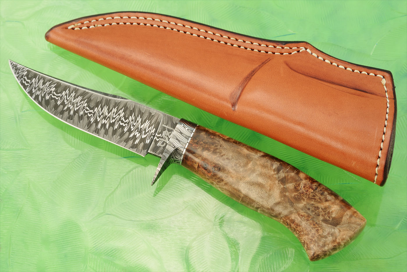 Clip Point Hunter with Heartbeat Damascus and Red Maple Burl