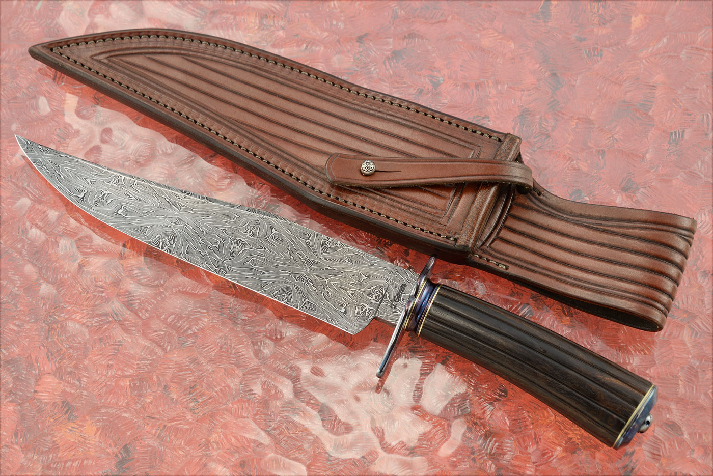 Mosaic Damascus Clip Point Bowie with Fluted Ironwood