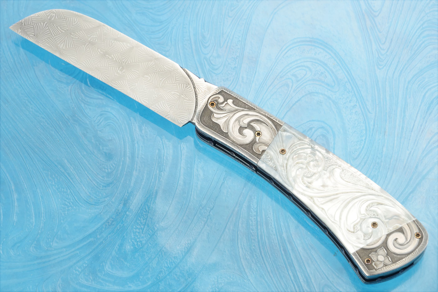 Engraved and Carved Mother of Pearl Front Flipper with Damascus