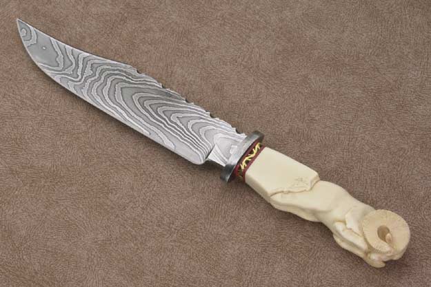 Damascus Bowie with Carved Ram Handle