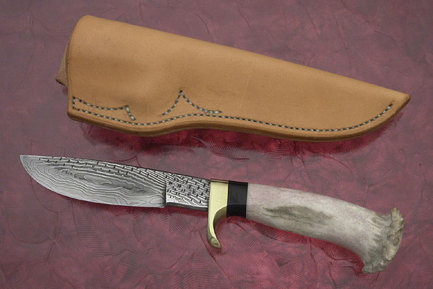 Damascus File Knife with Deer Antler Crown