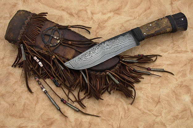 Medicine Wheel Damascus Belt Knife with Elk Antler