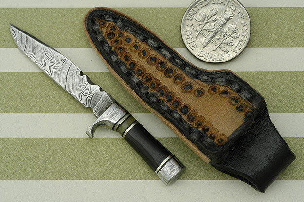 Damascus Mini Bowie with Buffalo Horn and Amber