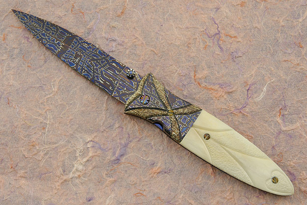 Carved Fossil Walrus Ivory Folding Dagger