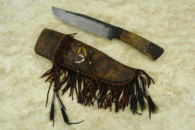 Medicine Wheel Damascus Belt Knife with Elk Antler