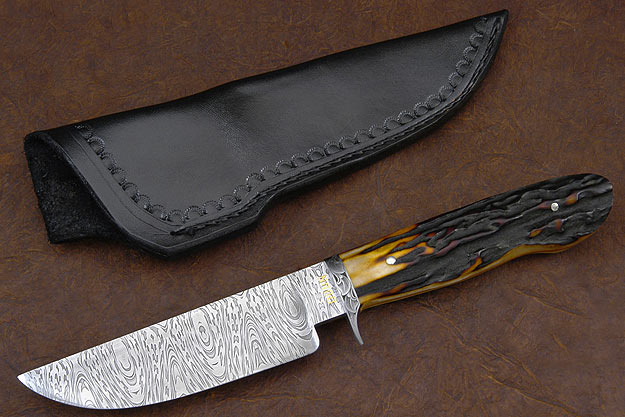 Engraved Damascus Amber Stag Hunter