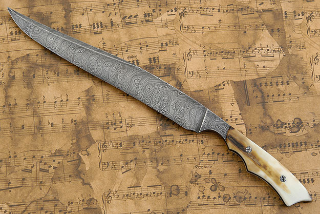 Engraved Damascus Batwing Fighter with Mammoth Ivory