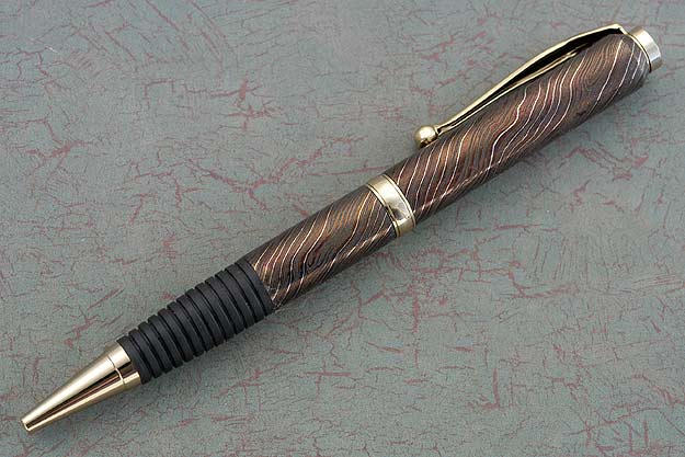 Heat Blued Damascus Pen with Gold Plate Fittings