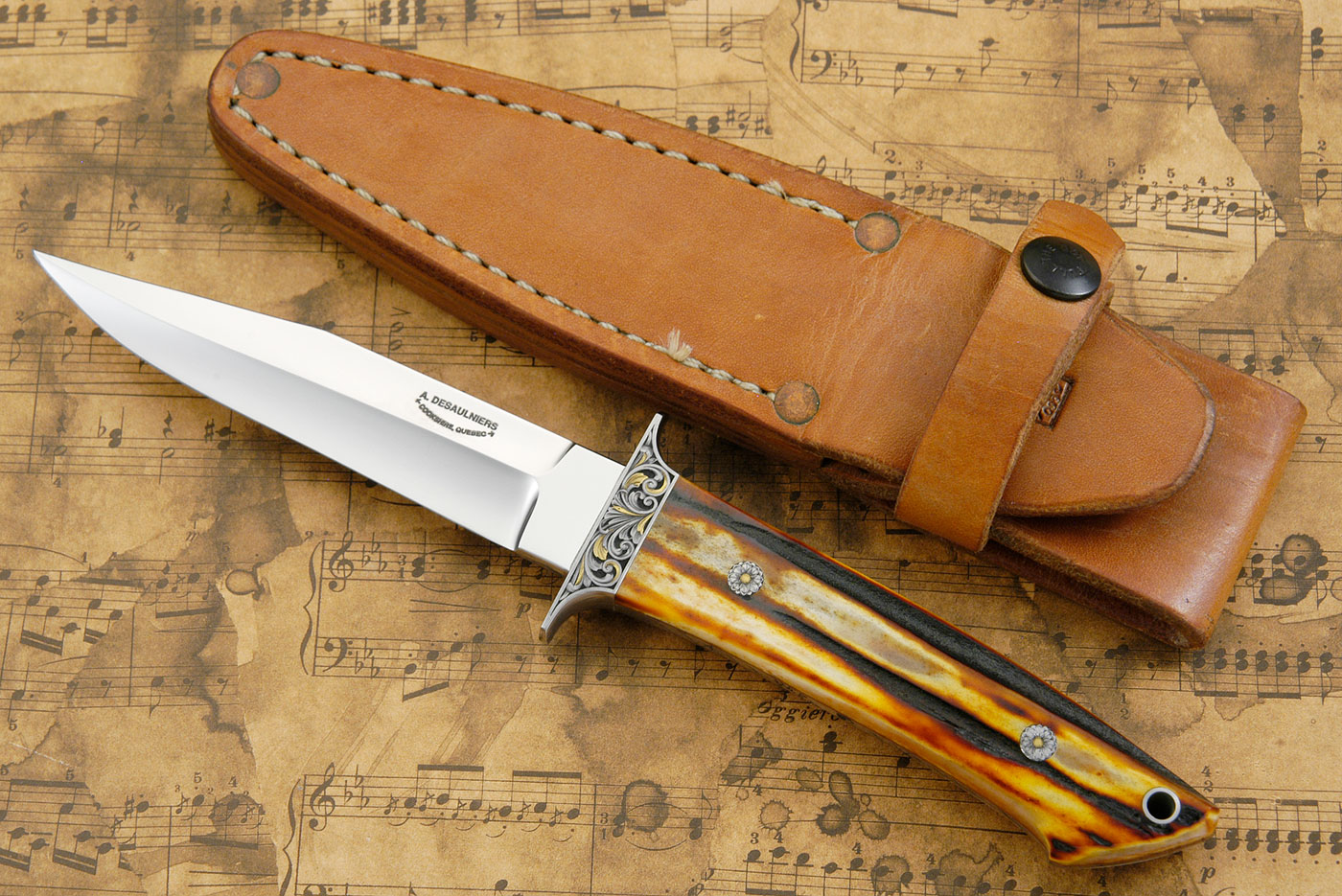 Engraved Boot Knife with Amber Stag
