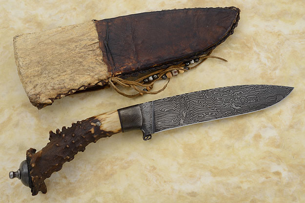Large Damascus Belt Knife with Crown Stag