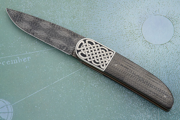 M25 - Celtic Knot - Engraved Roll Opening Flipper with Mosaic Damascus and Carbon Fiber (IKBS)