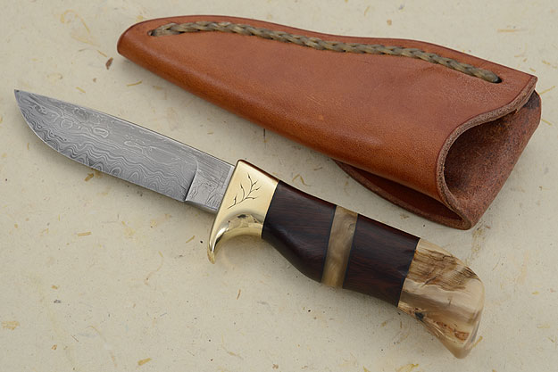 Damascus Pronghorn Hunter (3.9 in) with Sheep Horn and Ironwood