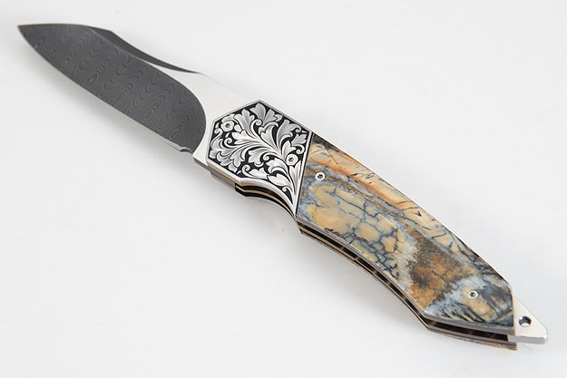 Dress Engraved Damascus Tactical Front Flipper with Mammoth Molar (IKBS)