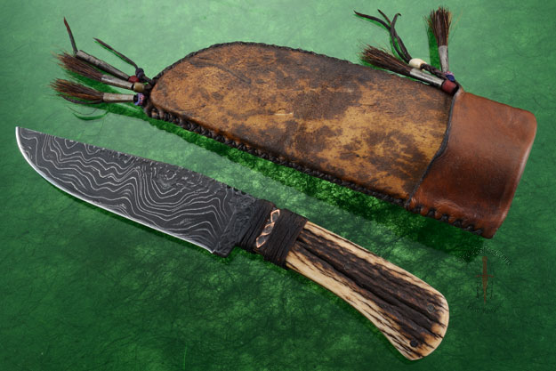 Field Knife with Elk Antler and Damascus