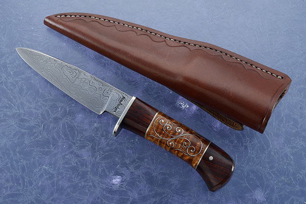 Damascus Spear Point Hunter with Curly Maple and Rosewood