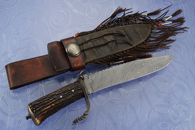 Cowboy S-Guard Bowie with Damascus and Stag