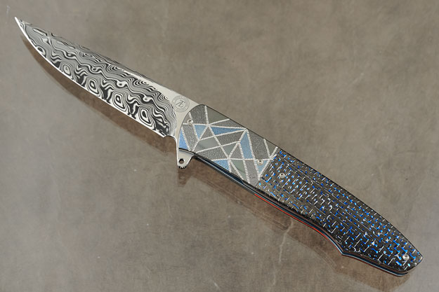 L19 Flipper with Damascus and Blue/Silver Twill Carbon Fiber (Ceramic IKBS)
