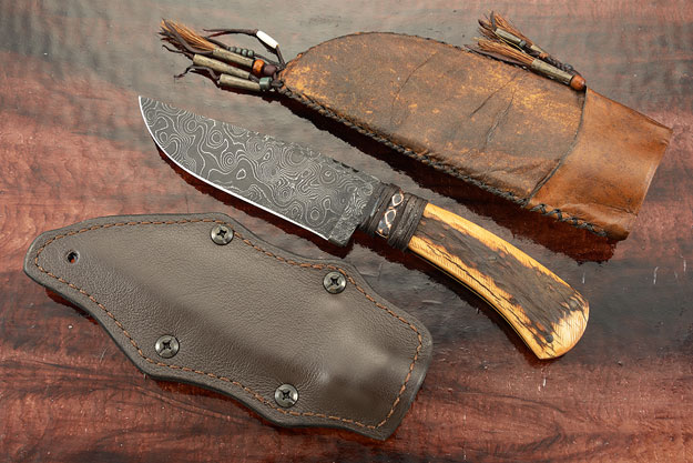Belt Knife with Elk Antler and Damascus