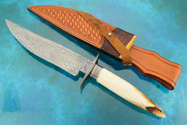 Feather Damascus Bowie with Hippo Tooth
