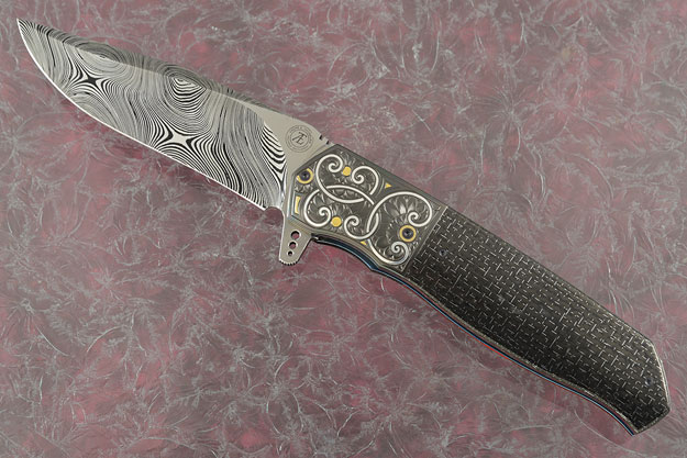 L36M Flipper with Silver Strike Carbon Fiber, Damascus, Engraved Zirconium, and Gold/Silver Inlay (Ceramic IKBS)