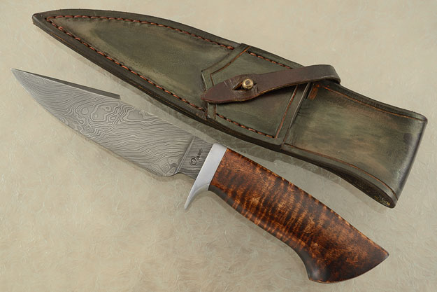 Damascus Raised Clip Point Hunter With Curly Maple