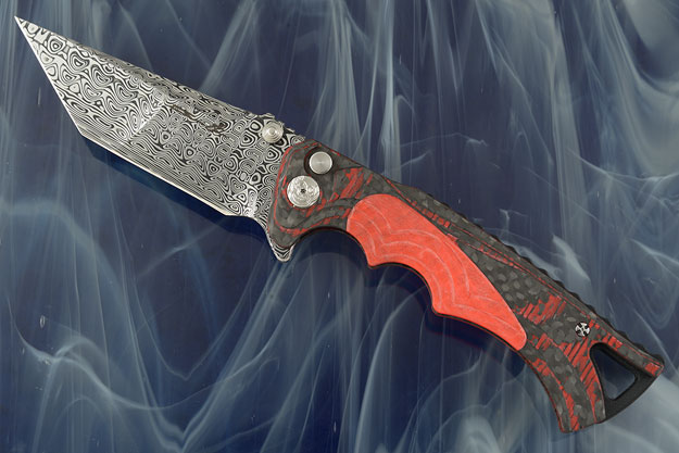 Tighe Fighter Tanto Button Lock Flipper with Damascus and Glow in the Dark Red/Black Carbon Fiber