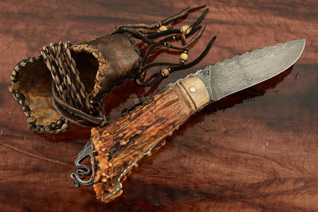 Friction Folder with Stag Crown and Damascus