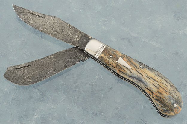 Dragon's Breath Damascus Two Blade Saddle Horn Trapper with Silver Mine Mammoth Ivory
