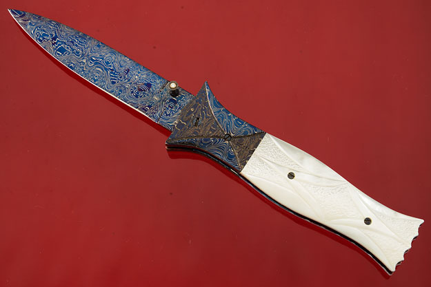 Folding Dagger with Mother of Pearl and Heat Blued Explosion Damascus