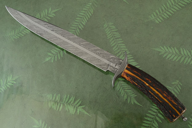 Multi-bar Damascus Bowie with Amber Stag