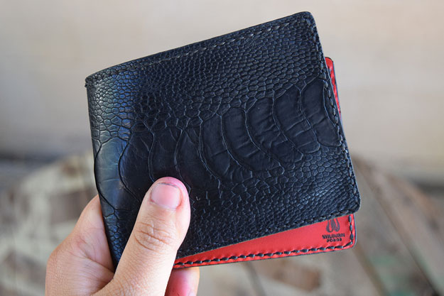 Bifold Wallet with Black Ostrich and Kangaroo Leather