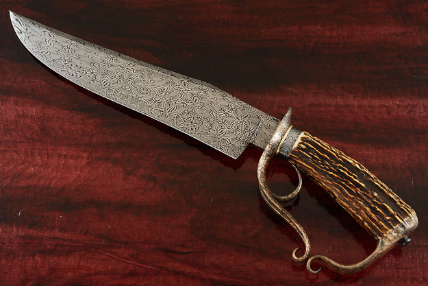 Damascus Ring Guard Bowie with Reticulated Gold and Stag