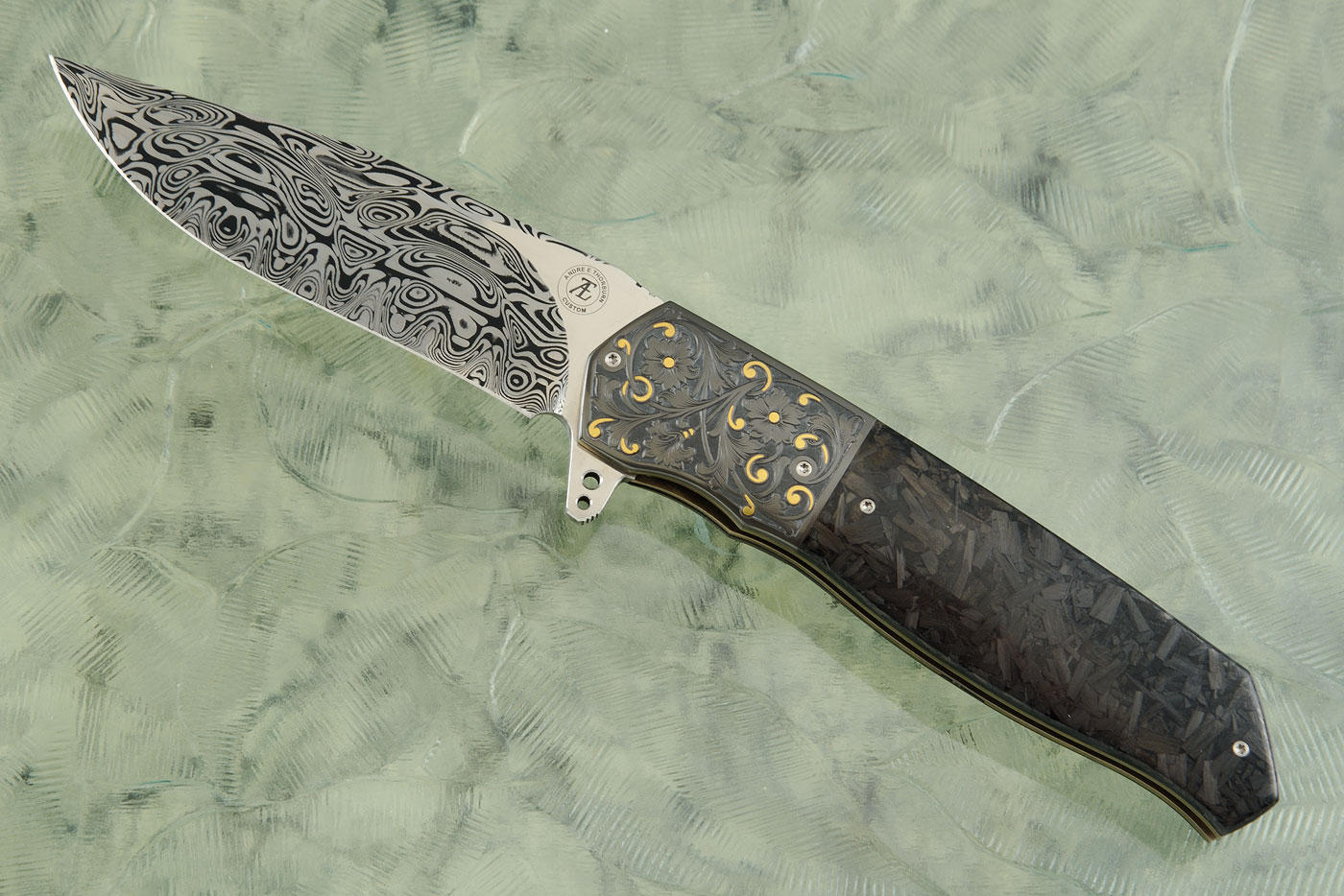 L36M Flipper with Shred Carbon Fiber, Damascus, Engraved Zirconium, and Gold Inlay (Ceramic IKBS)